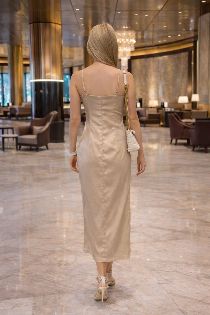 Champagne Satin Maxi with Thigh Slit view 3