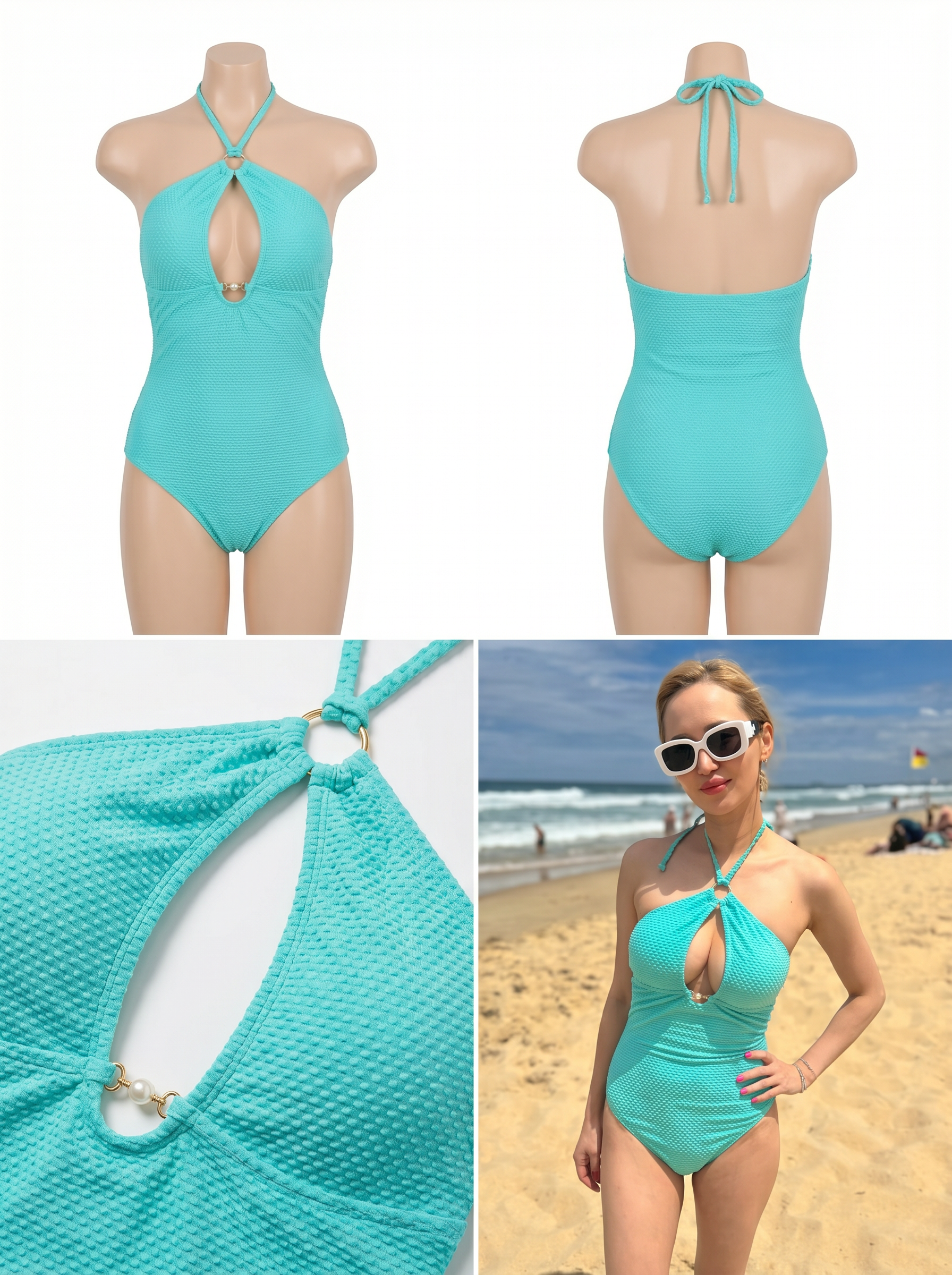 Turquoise Textured Halter One-Piece Swimsuit view 4